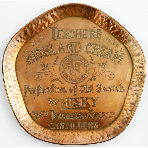 12 - TEACHERS HIGHLAND CREAM SERVING TRAY. 8.3ins wide. Very heavy c.1920 copper tray heavily & ornately ... 