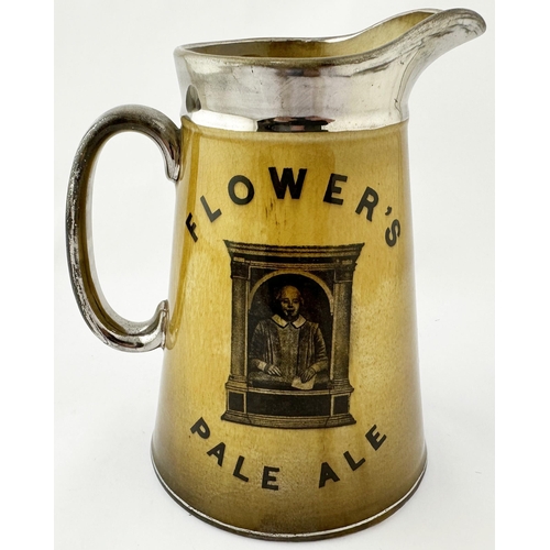 28 - FLOWERS PALE ALE PUB JUG. 6.7ins tall. Tapering variating mustard body glaze with pronouned pouring ... 