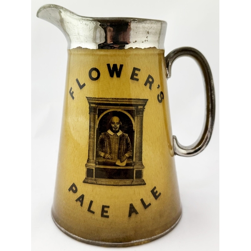 28 - FLOWERS PALE ALE PUB JUG. 6.7ins tall. Tapering variating mustard body glaze with pronouned pouring ... 