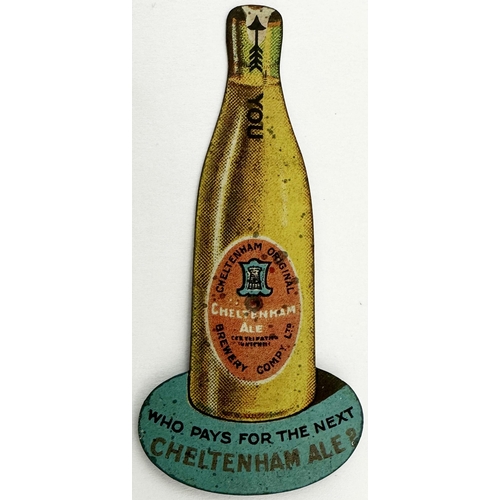 30 - CHELTENHAM ALES PUB TABLE SPINNER. 2.7ins tall, thin printed cut out labelled bottle shape. At the b... 
