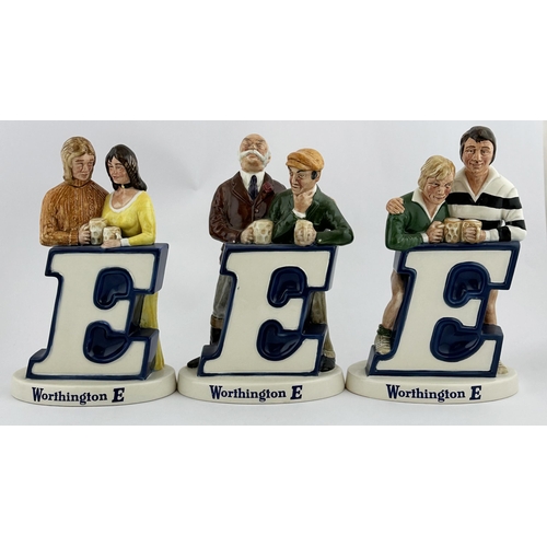31 - WORTHINGTON E ADVERTISING FIGURES TRIO. 9ins tall. Famous period trio L to R: lovers, elderly gents,... 
