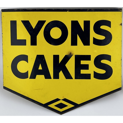 33 - LYONS CAKES DOUBLE SIDED ENAMEL SIGN. 17.75 x 15.5ins. Striking yellow with bold black letters. Edge... 