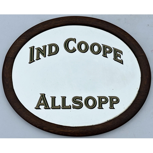 36 - IN COOPE ALLSOPP MIRROR. 22.5 x 18.5ins oval frame. Two simple lines of lettering. Original rear han... 
