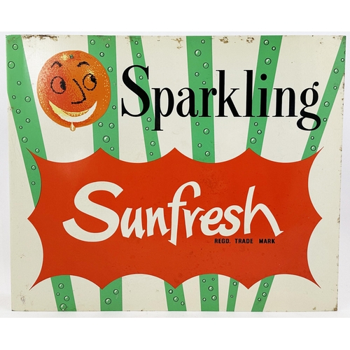 51 - SPARKLING SUNFRESH PRINTED TIN SHOP SIGN. 16 x 13.2ins. Brightly coloured double sided 1950 period (... 
