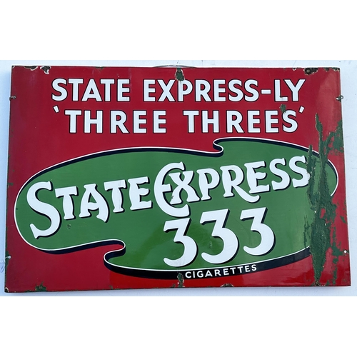 54 - STATE EXPRESS 333 ENAMEL SIGN. 30 x 20ins. Bright colours, edge rusting & restored. Framed upon 2 wo... 