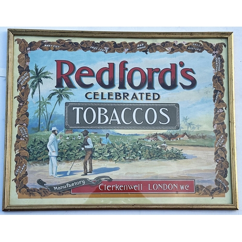 55 - REDFORDS TOBACCOS FRAMED SHOWCARD. 26.5 x 21ins. Great multicoloured pictorial image. Slight damage... 