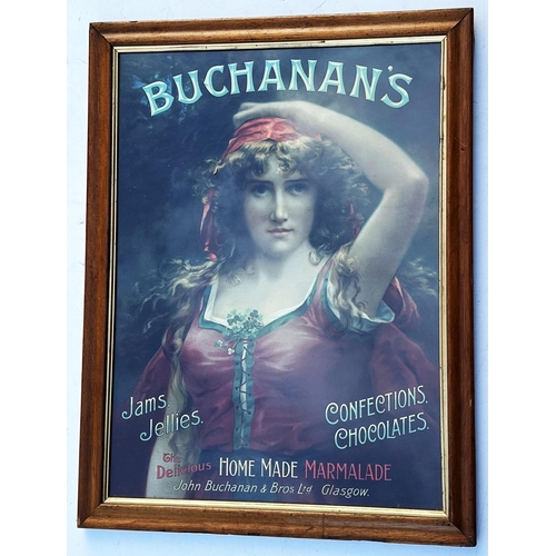 56 - BUCHANANS GLASGOW FRAMED SHOWCARD. 21 x 27.25ins. Hooded lady selling Confections & Chocolates. Mino... 