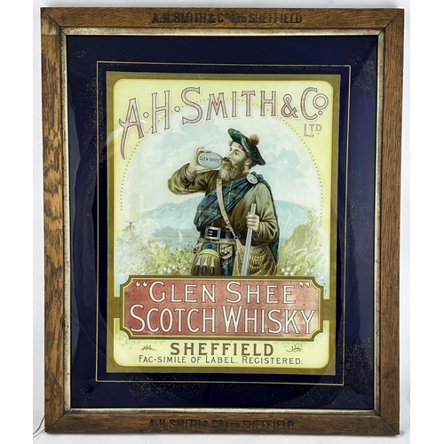 6 - SHEFFIELD SCOTCH WHISKY FRAMED GLASS PICTURE. 22.5 x 19ins. A H SMITH & CO LTD, kilted man pictorial... 