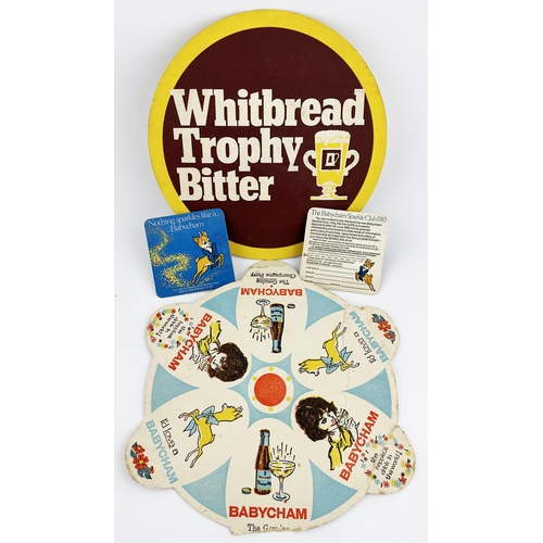 69 - BABYCHAM & WHITBREAD ADVERTISING. Largest 12ins. Beer mat type material, double sided. Worn & damage... 