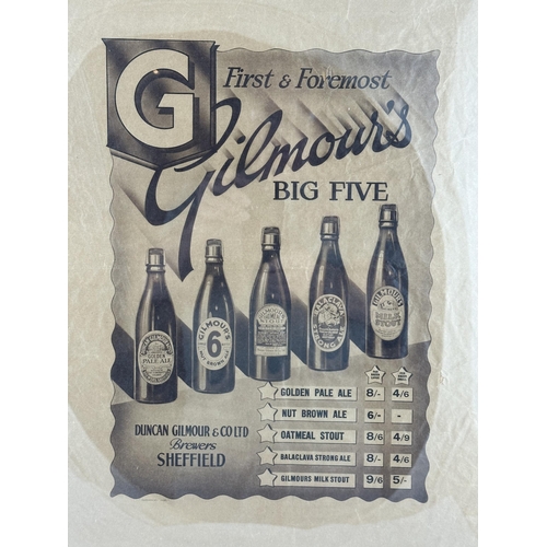 7 - SHEFFIELD GILMOURS FRAMED TISSUE WRAPPER. 19 x 24ins. Poster with prices. Photograped without the fr... 