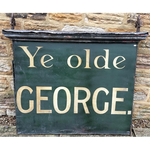 74 - YE OLDE GEORGE SIGN. 43 x 39ins. Double sided. Mega heavy, worn/ damaged but a great original early ... 