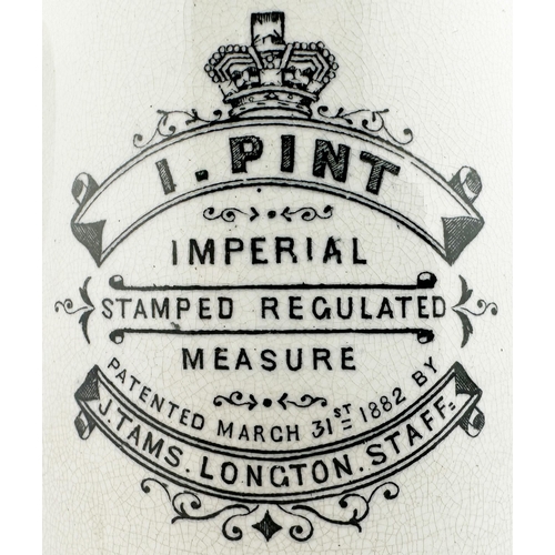 80 - STAFF IMPERIAL MEASURING JUG. 5ins tall. Double sided print, side handle. 1 pint. Patented March 31s... 