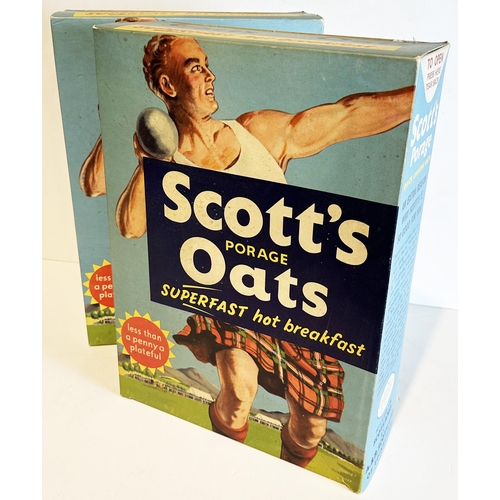 83 - SCOTTS PORAGE OATS GIANT SHOP DISPLAY PACKETS DUO. 18ins tall. Both thick printed, multi coloured, c... 