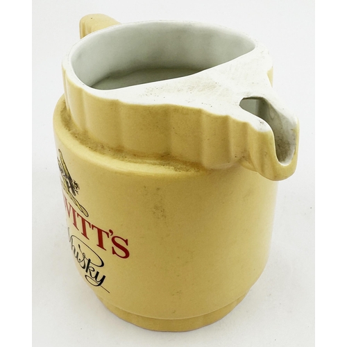 96 - HEWITTS WHISKY JUG. 4.5ins tall. Transferred both sides. Ridged rim, side handle. Arklow Pottery bas... 