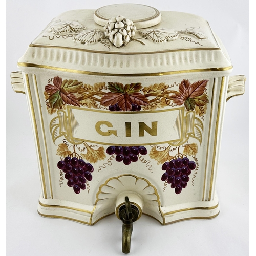 99 - EARLY STYLE GIN DISPENSER. 13 x 14ins. Fruit & floral design, side handles, removable lid, brass tap... 
