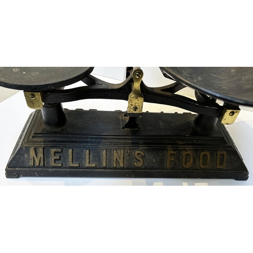 105 - MELLINS BABY FOOD SCALES. 21 x 8.2ins. Cast base total height 12 ins to tip of large dish. Large rai... 