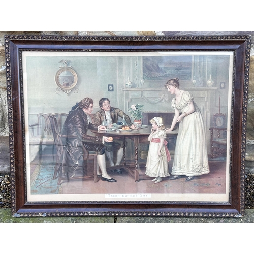 108 - PEARS FRAMED POSTER. 29.5 x 23ins. Image of little girl, named, TEMPTED BUT SHY. Frame damaged.