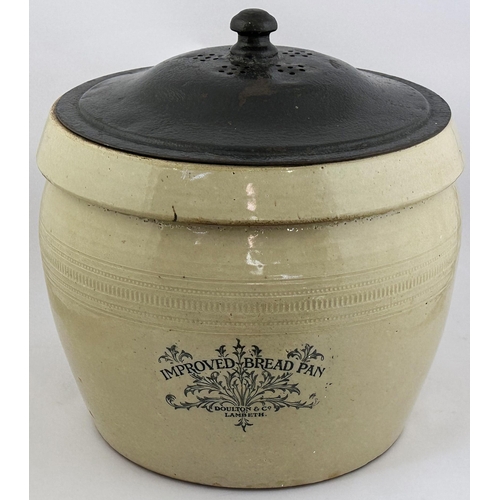 110 - DOULTON & CO IMPROVED BREAD BIN. Heavy stoneware bowl , original painted, decorated, metal lid. Grea... 