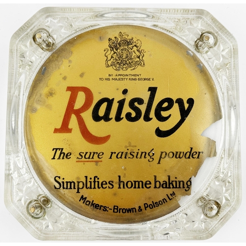 114 - RAISLEY FLOUR CHANGE DISH. 7.5ins diam. Clear glass, gold circular centre, coat of arms above. Maker... 