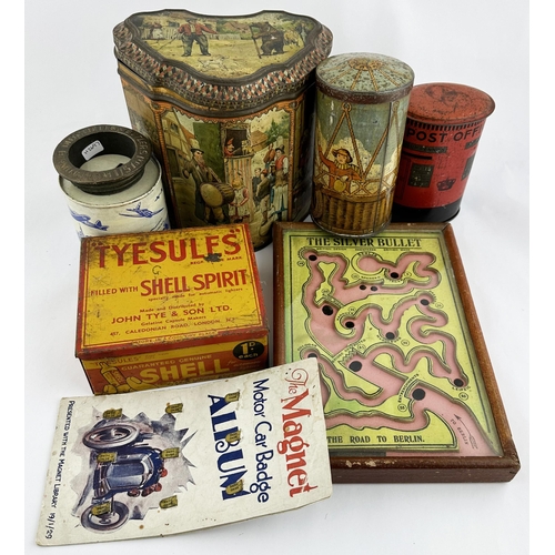 115 - TINS MIX PLUS OTHER ITEMS. Largest 6.5ins. Inc. Huntley & Palmer, Lyons Toffee, Fry & Sons, framed g... 