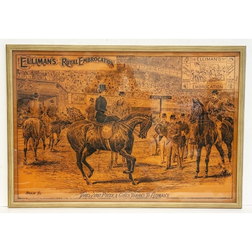 116 - ELLIMANS ROYAL EMBROCATION FRAMED GLASS ADVERT. 36.75 x 25.5ins. Orange glass, black transfer. Pict ... 