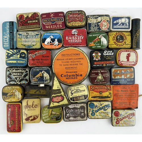 148 - NEEDLE TINS GROUP. Largest 3ins diam. Some wonderful images & a few unusual shapes, brands Inc. Decc... 