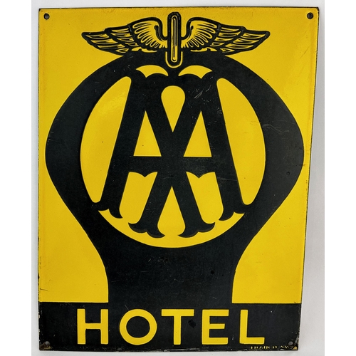 156 - AA HOTEL ENAMEL SIGN. 12.5 x 16ins. Powerful black on white colousr. Surface general wear/ scratches... 