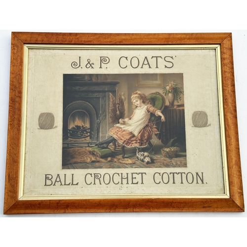 176 - J & P COATS BALL CROCHET COTTON FRAMED ADVERT. 26.5 x 21ins to outer frame. Period image of small gi... 
