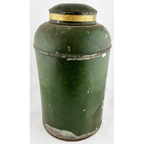 194 - NUMBER 13 SHOP TIN DISPENSER. 17ins tall. Green & gold tin. Lots of wear/ damage, rusting to base.