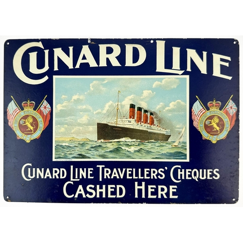 217 - CUNARD LINE PRINTEDTIN SIGN. 9.4 x 6.6ins. Muti coloured sign, large central steamship pict., emblem... 