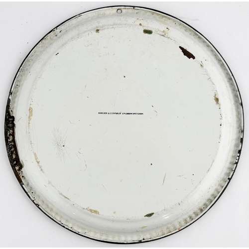 222 - RISKS WHISKY ENAMEL TRAY. 12ins diam. Thistle pict to centre with whisky bottle. Rear p.m. Minor res... 