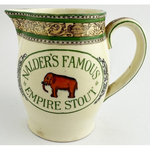 257 - NALDERS BROWN ALE & FAMOUS EMPIRE STOUT PUB JUG. 5.1ins tall. Cream bodied curved shape, featuring a... 