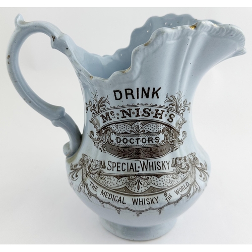 258 - McNISH MEDICAL WHISKY OF THE WORLD PUB JUG. 7.7ins tall. Elaborate light blue bodied shape ornately ... 