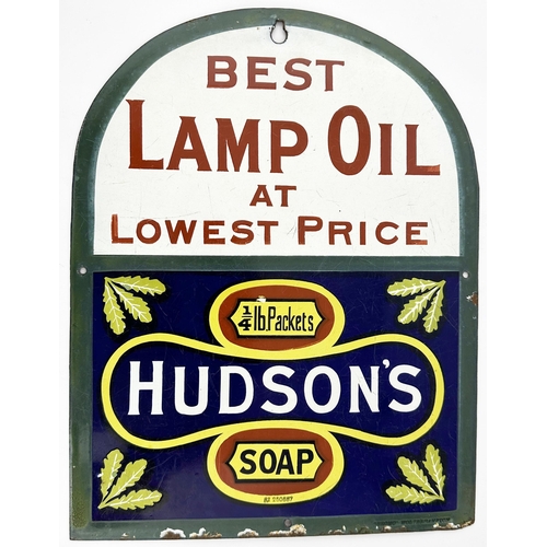 268 - HUDSONS SOAP BEST LAMP OIL ENAMEL SIGN. 10.6 x 13.6ins. Curved top. Red on whgite toip section lette... 