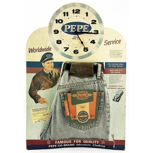 274 - PEPE JEANS STAND UP SHOP WINDOW CLOCK SHOWCARD. 23.2 x 15.7ins. Heavy colour printed card, rear stan... 