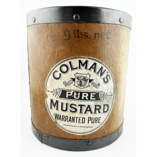 279 - COLMANS PURE MUSTARD SHOP DISPENSING TUB. 9.6ins tall. Circular wooden tub, 9lb (marked) size, 2 met... 