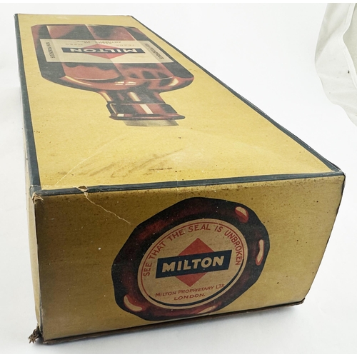 281 - LARGE SHOP DUMMY DISPLAY MILTON BOX. 20ins tall, base 6.5 x 3.9ins. Large printed box, full bottle i... 