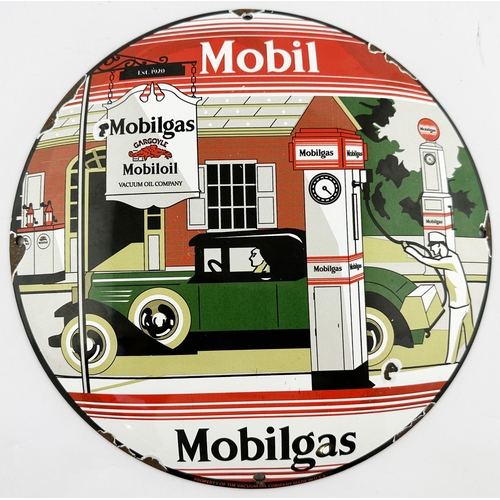 282 - MOBILGAS ENAMEL SIGN. 11.7ins diams. A detailed, brightly coloured, period motoring image on a domed... 