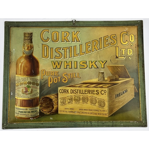 291 - CORK DISTILLERIES WHISKY TIN SIGN. 12.5 x 16.4ins. Self framed pressed mutlti coloured sign depictin... 