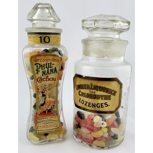 298 - SWEET JARS DUO. Tallest 10.5ins. Delightful pair of early sweet jars (sweets not old!). One waisted,... 