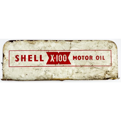 166 - SHELL X-100 MOTOR OIL TIN SIGN PLUS FARMING POSTCARD. Largest 17.5 x 6ins. Double sided SHELL X100 M... 