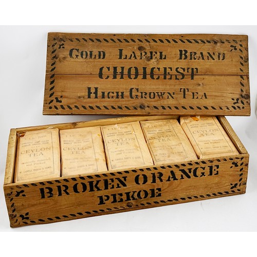 288 - GOLD LABEL BRAND CHOICEST TEA BOX & ORIGINAL (INTACT) PACKETS. Wooden stencilled box & lid 17.7 x 7.... 