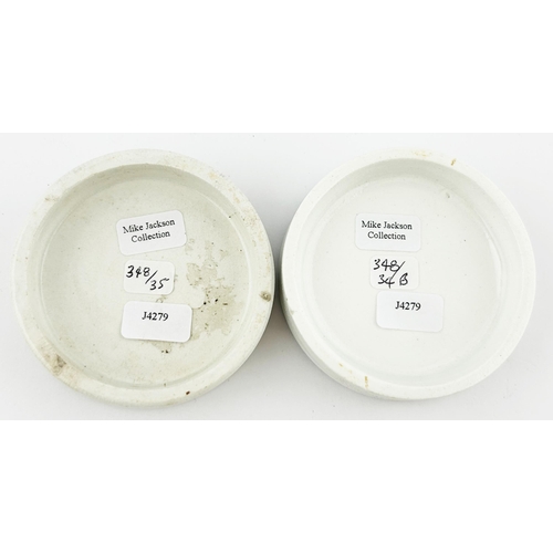 102 - LONDON S MAW SON & THOMPSON POT LID DUO. Largest 2.5ins. WHITE CHERRY & CHERRY TOOTH PASTE. Bright c... 