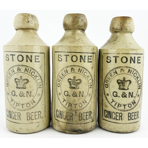 13 - TIPTON GINGER BEER TRIO. 7ins tall. Crown pict to centre. All discoloured. (3)