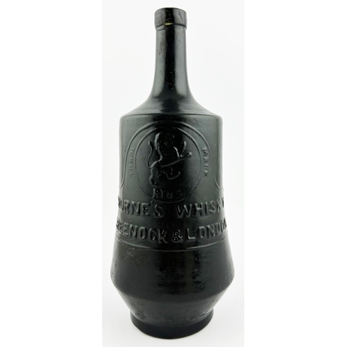 134 - THORNES WHISKY BOTTLE. 9.25ins tall. Featuring a painstakingly hand painted stag. No damage.