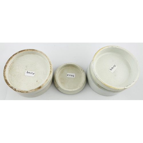 144 - POT LID TRIO. Largest 3.5ins. Inc. ARMY & NAVY, BURGESS & BOOTS. Minute chip. (3)