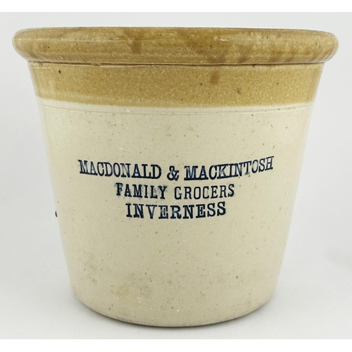 15 - INVERNESS IMPRESSED BUTTER CROCK. 8ins tall. Blue lettering MACDONALD & MACKINTOSH. 10lb. Port Dunda... 