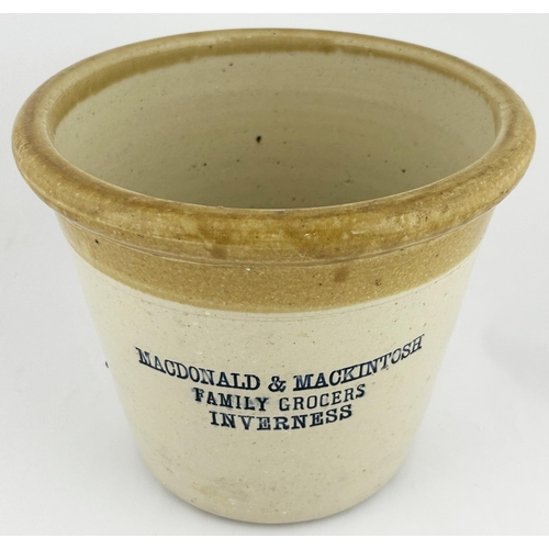 15 - INVERNESS IMPRESSED BUTTER CROCK. 8ins tall. Blue lettering MACDONALD & MACKINTOSH. 10lb. Port Dunda... 