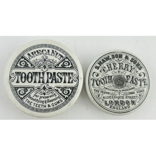 20 - TOOTH PASTE POT LID DUO. Largest 3ins. S. MAW & SONS/ CHERRY plus ARECA NUT. Crisp transfers. One re... 