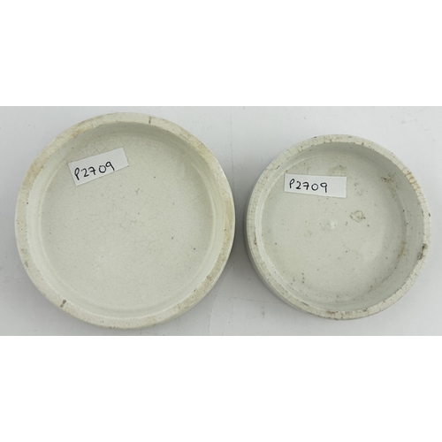 20 - TOOTH PASTE POT LID DUO. Largest 3ins. S. MAW & SONS/ CHERRY plus ARECA NUT. Crisp transfers. One re... 